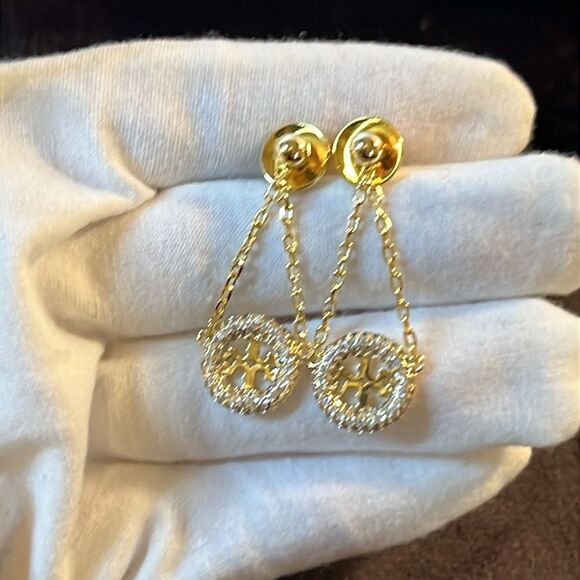 Tory Burch Dangle Chain Crystal Earrings 18YG plated - Picture 7 of 9